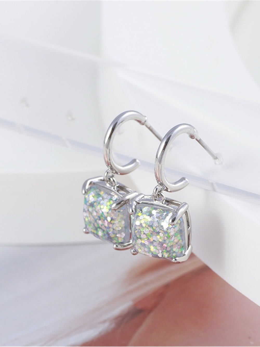 Kate Spade Silver Rhinestone Square C Shape Earrings Fashion Jewelry Gift